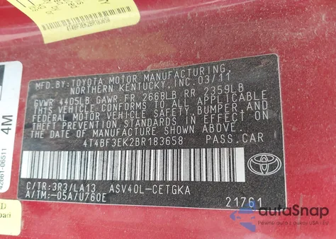 2011 Toyota Camry Base z USA, uszkodzony, nr VIN 4T4BF3EK2BR183658